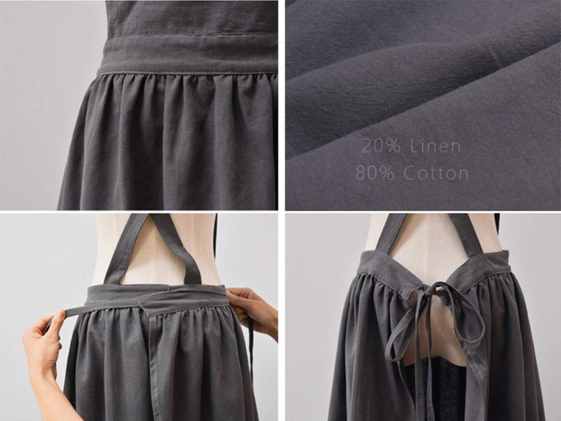 losofar Women Girls Vintage Apron Adjustable Gardening Works Cross Back Cotton/Linen Blend Aprons Pinafore Dress with Two Pockets (grey, one size) - Image 4
